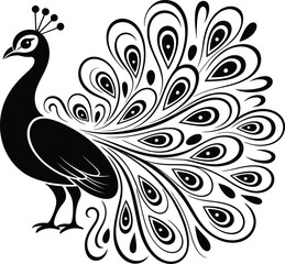 Elegant Black and White Peacock Vector Art Design for Tattoos, Prints, and Decor