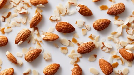 A top-down view of almond slivers and whole almonds arranged neatly on a white surface, highlighting their delicate and crunchy appearance.