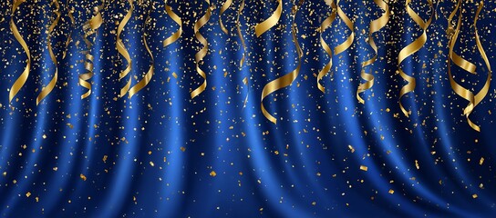 Elegant blue celebration background with golden ribbons and confetti falling down