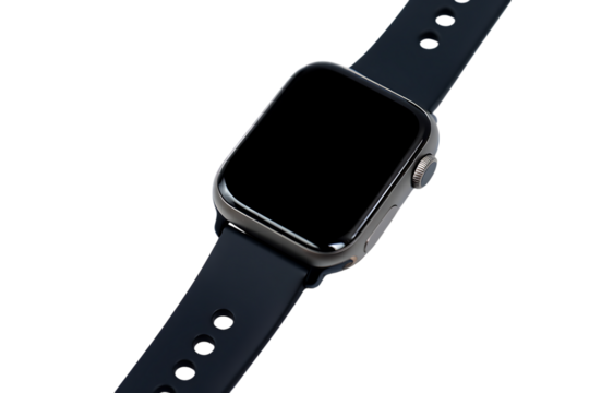 Modern smartwatch with dark band isolated on transparent background