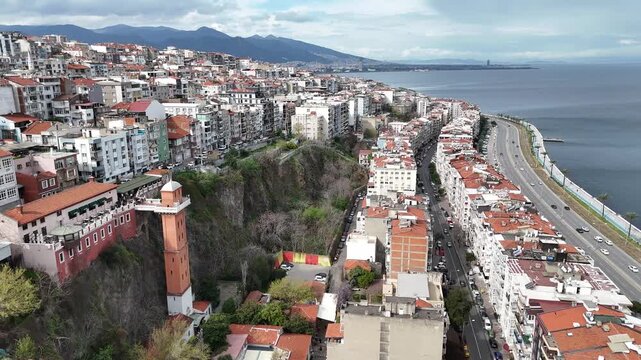 Aerial 4k view of the historical elevator, the symbol of Izmir city, on a sunny day