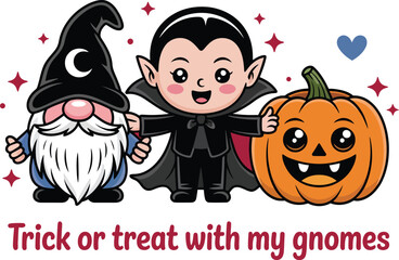 Adorable Halloween cartoon gnome trio with pumpkin costume, vampire cape, and magical hat, kawaii style with sparkle on red background and handwritten trick or treat quote
