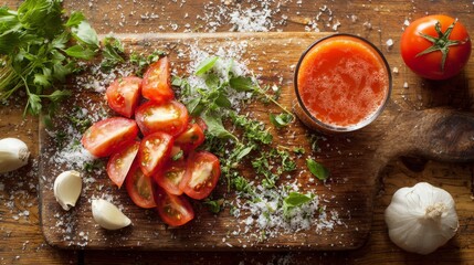 A top-down view of a cutting board filled with sliced tomatoes, garlic, and herbs next to a glass of tomato juice, representing fresh ingredients and homemade culinary preparation.