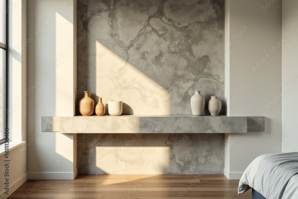 Poster sunlight streams across a textured concrete wall, illuminating three ceramic vases arranged on a flo