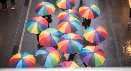A high-angle view of a crowd of people walking together under colorful rainbow umbrellas.