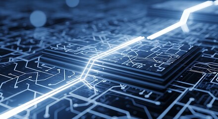 Futuristic close-up of a circuit board featuring intricate glowing blue pathways and bright light streaks on a dark background