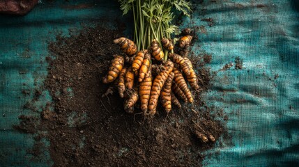 A top-down view of freshly harvested turmeric roots with dirt still clinging to them, showcasing the connection between farm and table in a rustic setting