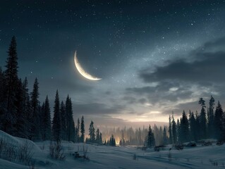 Crescent Moon Over Starry Forest with Silhouetted Trees, Falling Snowflakes in Twilight Blue Nightscape