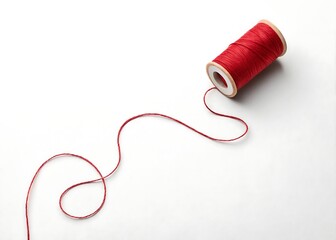 Single red thread curled into spiral on white surface