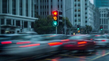 A traffic light turning from red to green as cars start moving, with a motion blur of vehicles in a fast-paced urban setting