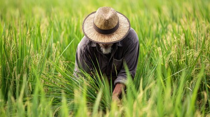 A traditional Thai farmer wearing a straw hat, bending down to harvest rice by hand in the middle of a vibrant, green field
