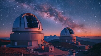 Two astronomical observatories at night, Milky Way galaxy visible in the sky.