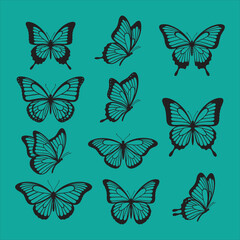 Fototapeta premium Black silhouette butterflies and moths set on white background vector.