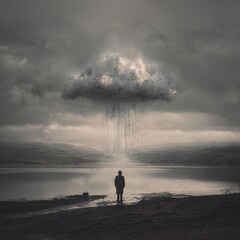 A solitary figure stands by a lake under a dark, rain-filled cloud. The landscape is moody and atmospheric, with overcast skies and distant hills.