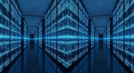 Futuristic data center corridor with rows of server racks displaying glowing blue binary code.