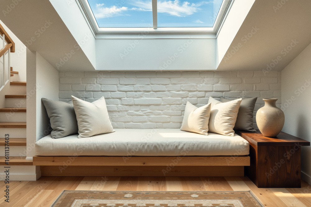 Poster a cozy window seat with plush pillows and a decorative vase sits beneath a skylight, creating a brig