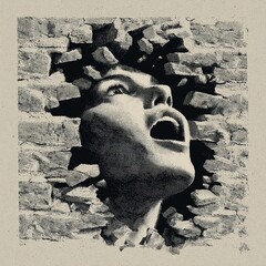 A human face emerges from a cracked wall, expressing a sense of urgency and emotion. The artwork features a monochrome style with detailed textures.