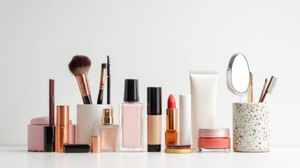 A vanity table neatly arranged with various womens cosmetics, including foundation, lipsticks, and skincare products, set against a clean, white background.