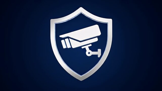Silver Shield Symbol With Surveillance Camera Icon On Dark Blue Background