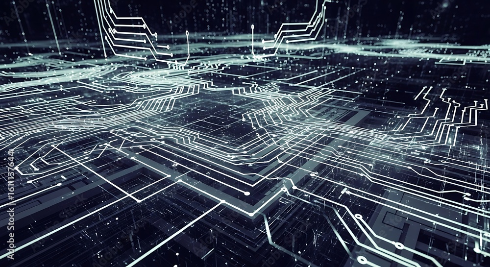 Poster intricate abstract glowing circuit board or network pathways on a dark background, representing digi