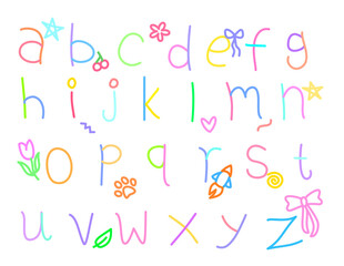 Hand-drawn vector lowercase alphabets in colors,  doodles like ribbons, bows, flowers, rocket, animal paw, heart, star, cherry, and leaves. pastel color, invitation, typography, kids theme, clipart.