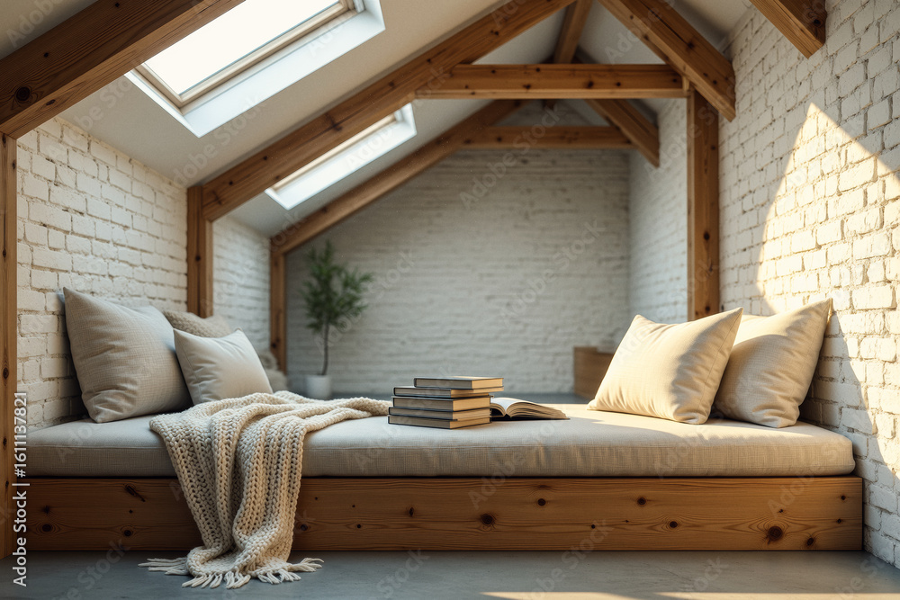 Poster a cozy reading nook is nestled within a whitewashed brick attic space, featuring a built-in window s