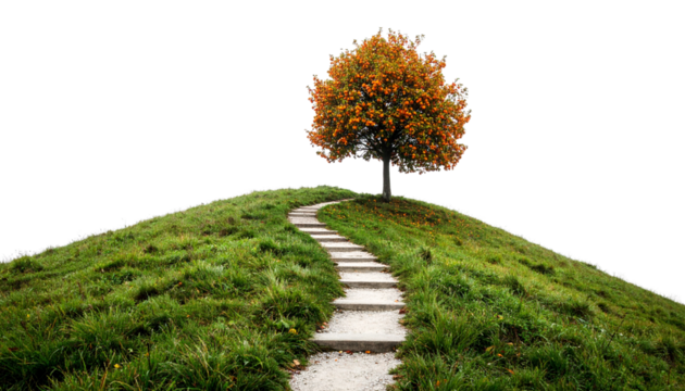 Tranquil Misty Landscape with Curved Trail and Isolated Tree isolated on transparent background