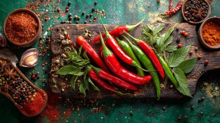 A vibrant assortment of fresh red and green chilies arranged on a rustic wooden cutting board, surrounded by spices and herbs, creating a lively cooking scene