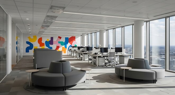 Contemporary open-plan office space featuring a vibrant abstract wall mural, city views, and comfortable gray communal seating areas.