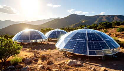 Solar Panel Array in Mountain Landscape at Sunset