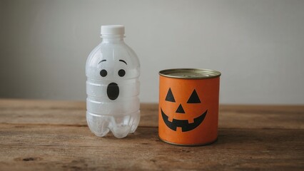 High-quality image of spooky-themed DIY crafts made from a recycled plastic bottle and metal can, featuring playful ghost and pumpkin faces on a rustic wooden surface.