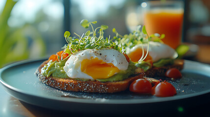 Delicious poached eggs on avocado toast with cherry tomatoes and sprouts, served with a refreshing drink.