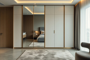A modern bedroom features a large, minimalist wardrobe with mirrored panels reflecting the rooms interior and a plush rug covering a portion of the floor.