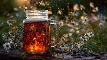 A vibrant image of an ice-cold beer in a mason jar, with condensation beading on the surface, set against a rustic picnic backdrop with wildflowers