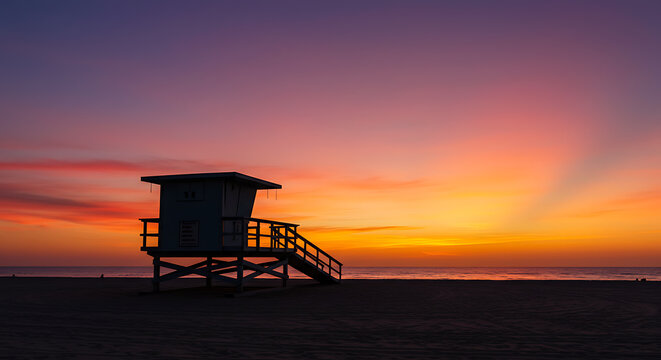 Vibrant Sunset Beach Scene with Silhouetted Lifeguard Tower and Ocean Horizon - Powered by Adobe