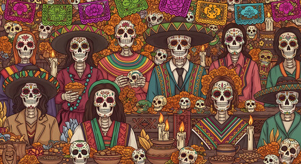 A vibrant illustration of a group of decorated skeletons celebrating the Day of the Dead, surrounded by flowers.