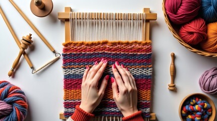 An isolated hand with slender fingers expertly weaving a vibrant colorful shawl with intricate patterns, surrounded by various weaving tools on a clean white background.