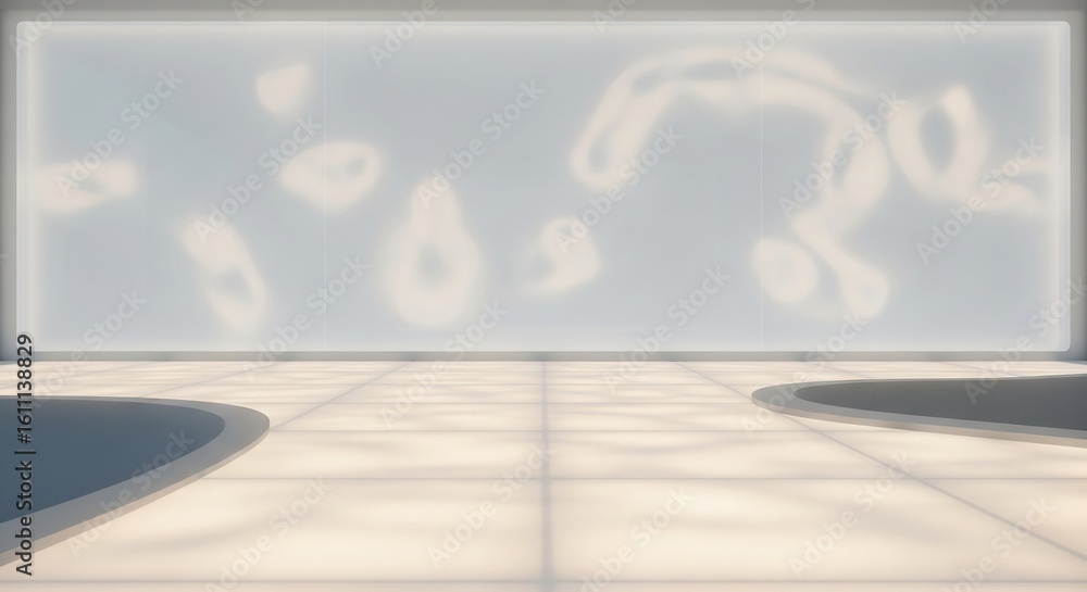 Poster minimalist futuristic interior with curved podiums on a luminous tiled floor. the expansive backgrou