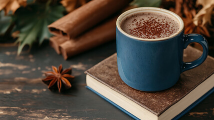 A cozy scene featuring a blue mug of coffee, surrounded by spices and a book on a rustic wooden table.