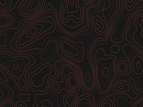 Abstract topography map with red contour lines on a dark background. A seamless vector pattern representing terrain elevation for design.