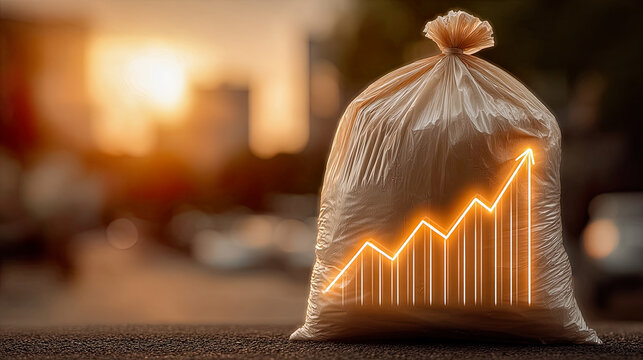 Translucent plastic bag on sunlit street at sunset with glowing upward financial chart. Generated with AI