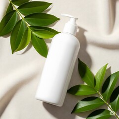 cosmetic white lotion bottle and green leaf