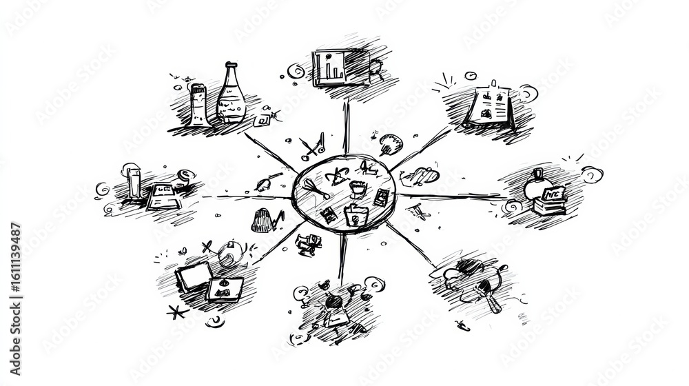 Poster creative mind map showcasing various concepts and hand-drawn icons with a central theme and open sid