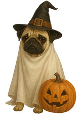 isolated transparent pug dog in Halloween costume with pumpkin on White Background PNG die-cut for advertising, pug dog in Halloween costume, Funny Dog Costumes for Halloween Cards