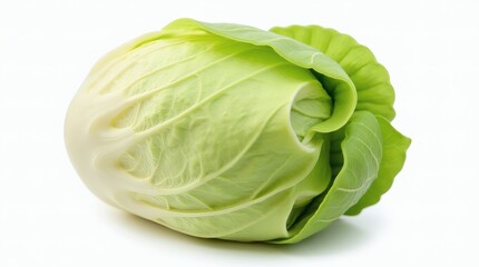 Obraz premium A crisp, freshly picked, leafy cabbage with delicate green outer leaves and a dense, tightly wrapped inner core, isolated on a pristine white background.