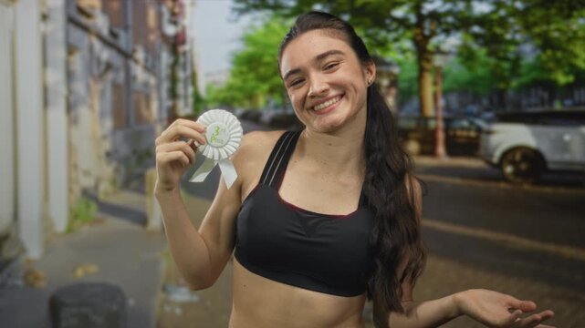 Woman smiling and holding a third place ribbon while shrugging shoulders on a busy city street; humble acceptance.
