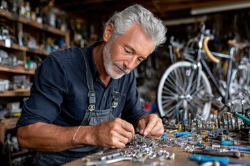 Senior mechanic repairs bicycle in workshop filled with tools and equipment