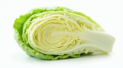 Obraz premium A beautiful, freshly picked, leafy cabbage with delicate green outer leaves and a dense, tightly wrapped inner core, singularly isolated on a bright white setting.