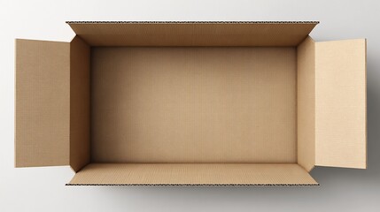 Top down view of an empty open brown cardboard box on white background
