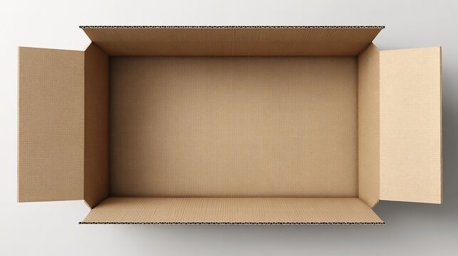 Top down view of an empty open brown cardboard box on white background